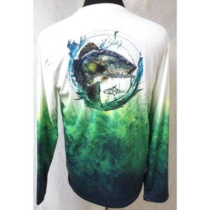 Fish N Vibe White Green Bass Splashing Performance Fishing Graphic Tee (M) 38-40